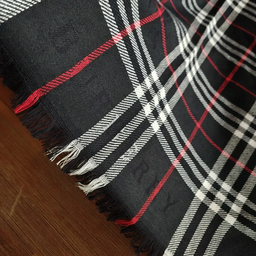 Burberry Nova Check Scarf Stole Muffler Black 100% Cashmere England Embroidered